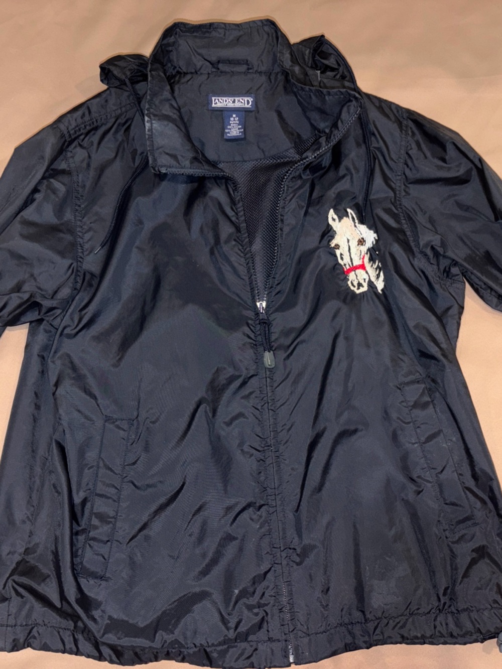 Vintage Wind Breaker 90s  Embroidered Horse Lands End Hood Rain Jacket Horsegirl